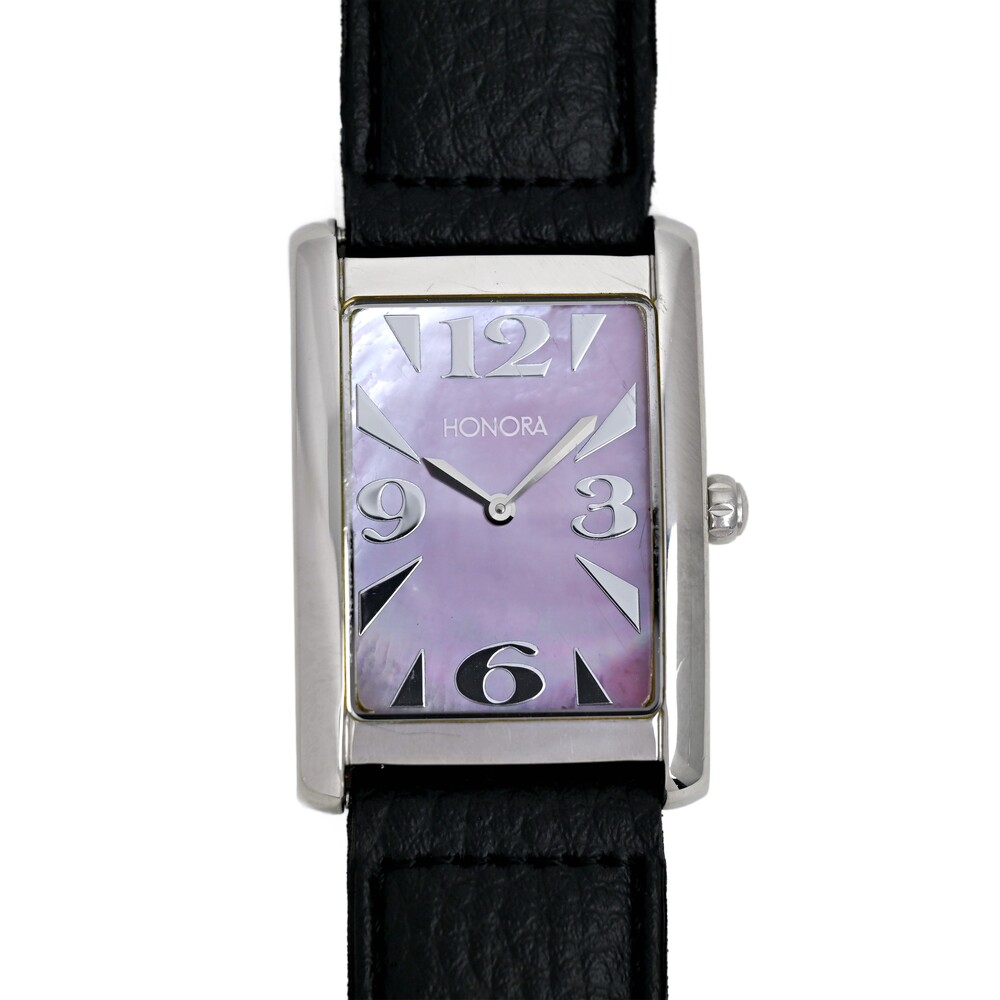 Honora Tank Wrist Watch Large Size Purple MOP Dial Swiss Quartz 29x42mm